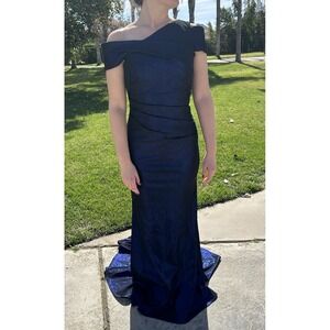 NEW Janique Kourosh [ 4 ] Cold Shoulder Metallic Trumpet Gown Black‎ Blue J1430